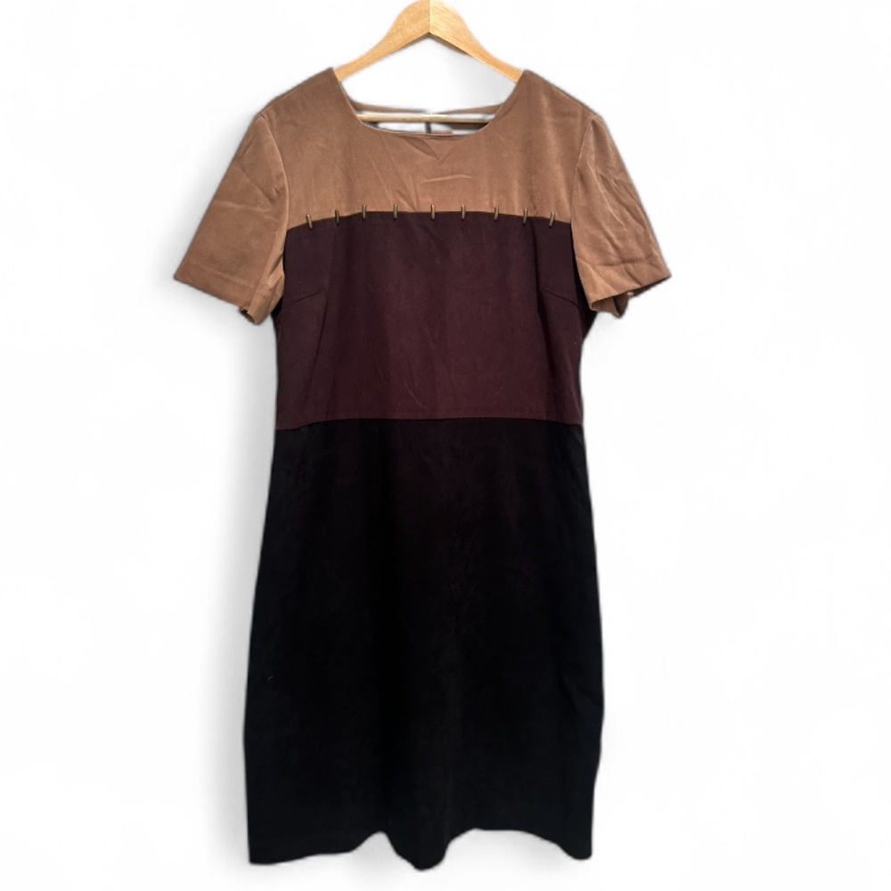 Studio I‎ Colorblock Faux Suede Shift Dress Size 16 Brown Minimalist